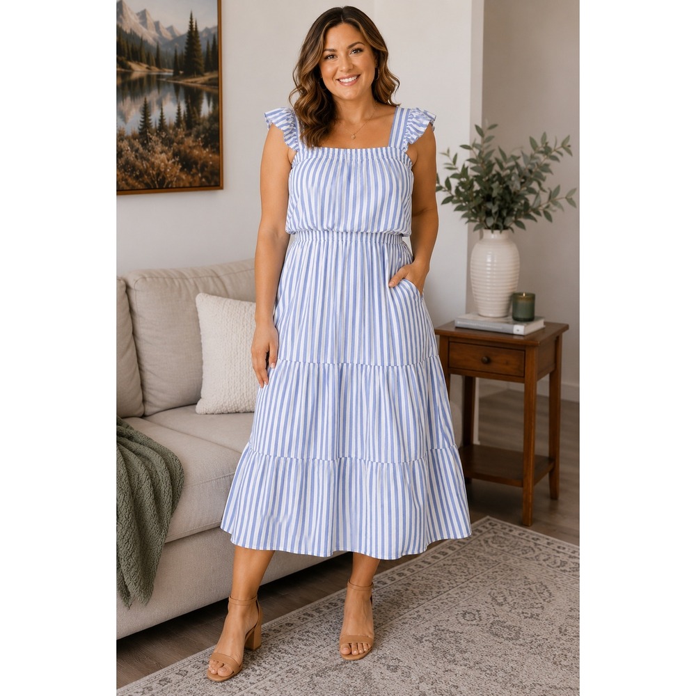 Draper‎ RSVP Striped Ruffle Midi Dress M Blue White Cottage Core Coastal Grandma